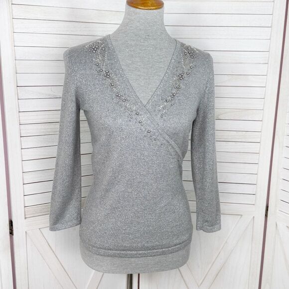 Ann Taylor Metallic Shimmer Beaded Faux Wrap Sweater Silver Grey XS - Picture 1 of 12